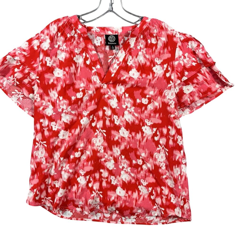 Bobeau Top Sheer Red Short Sleeve Flowy Blouse Floral Print V-Neck Large‎
